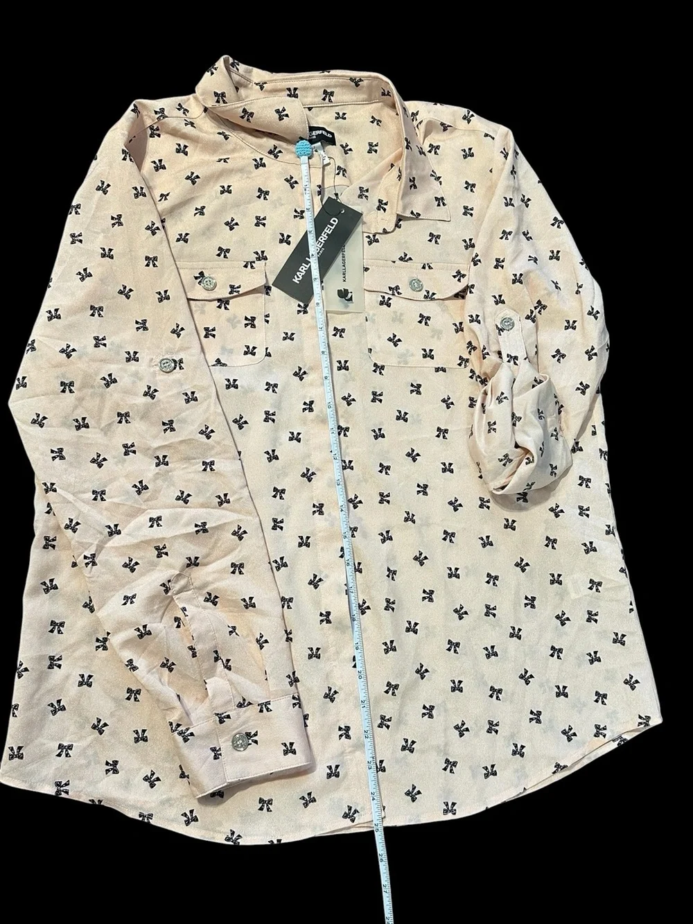NWT Karl Lagerfeld Pale Pink Bow-Print Button Up Shirt - Picture 3 of 12